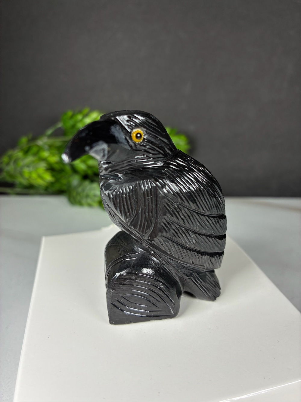 Black Onyx Raven Figurine Handmade in Peru with Yellow Eye
